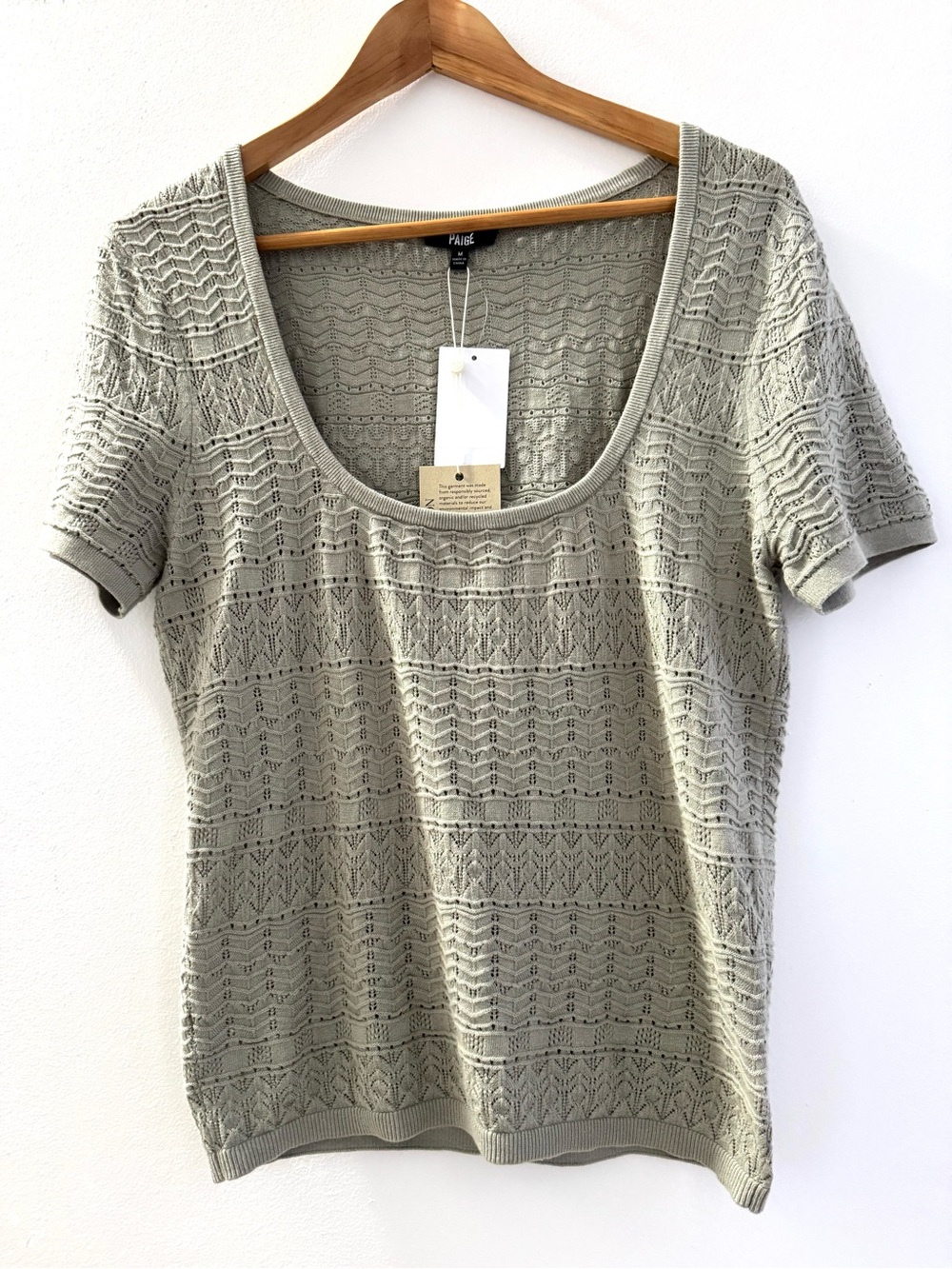 PAIGE Openwork Knit Short Sleeve Top in Sage Green - Picture 2 of 12